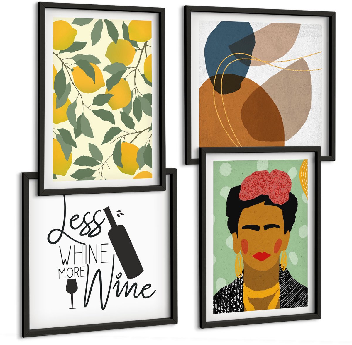 Tulup 4-Delige Schilderij Set - Citroenen Wijnfles Portret van Frida Kahlo - 40 x 40 cm en 40 x 60 cm - Moderne Wanddecoratie - Slaapkamer - Woonkamer Decoratie