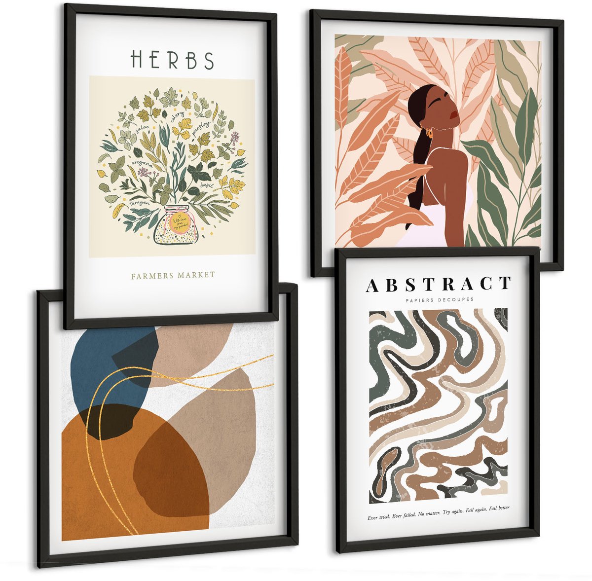 Tulup 4-Delige Schilderij Set - Boho-esthetiek, pastelkleurige minimalistische posters - 40 x 40 cm en 40 x 60 cm - Wanddecoratie - Schilderijen Set - Kantoor