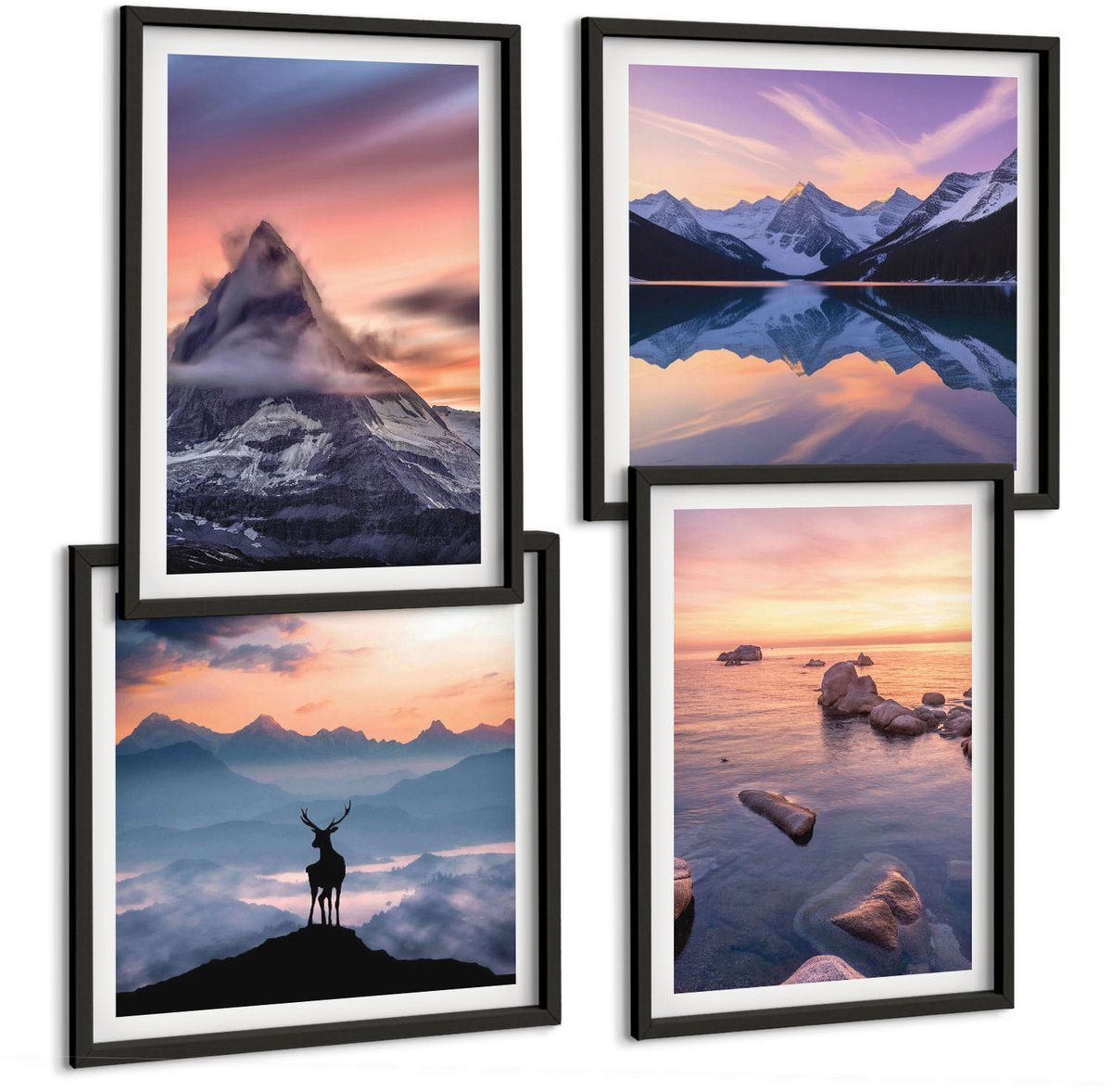 Tulup 4-Delige Schilderij Set - Landschappen, bergen, meren, herten en zonsondergang - 40 x 40 cm en 40 x 60 cm - Schilderijen Set - Wanddecoratie - Woonkamer - Interieur Decoratie