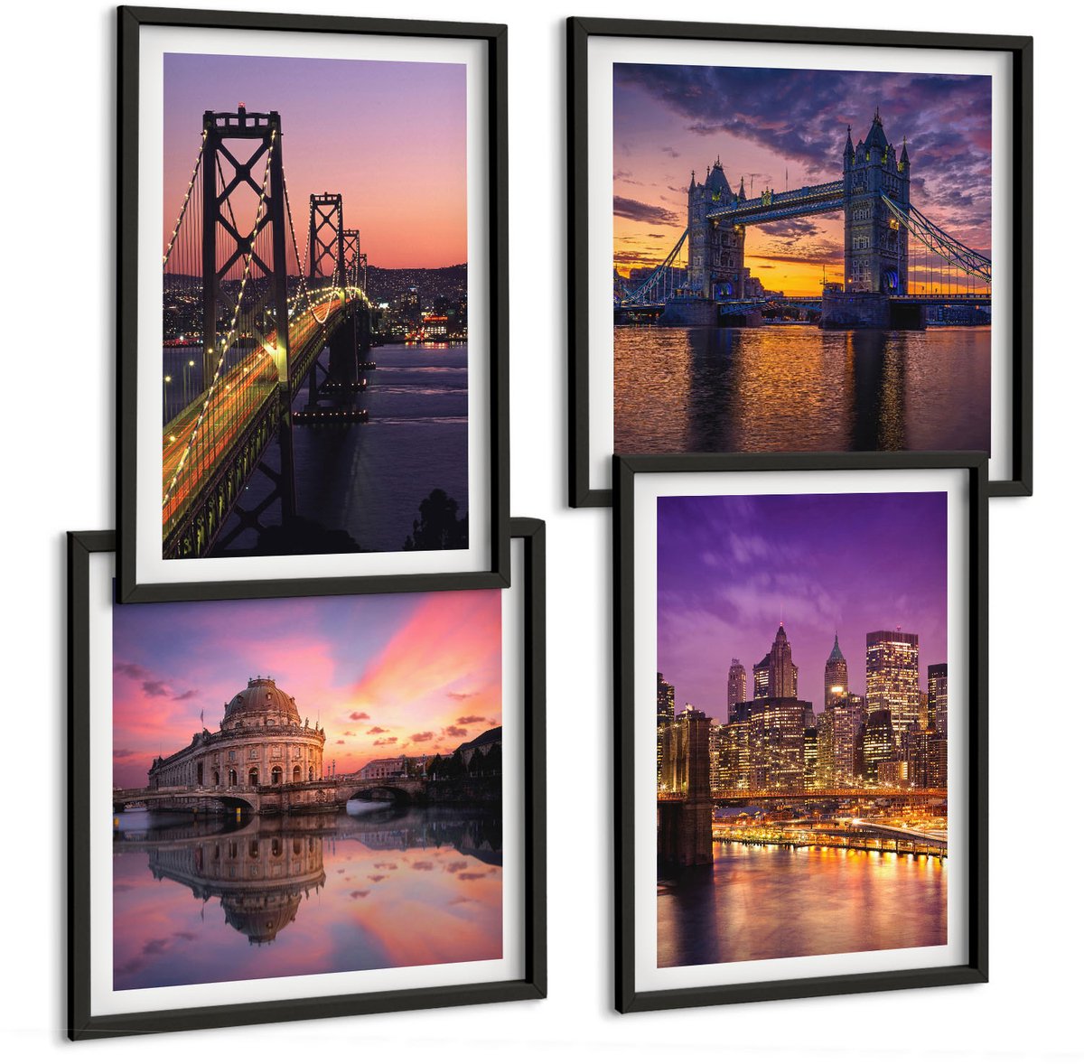 Tulup 4-Delige Schilderij Set - Bruggen bij zonsondergang en stedelijke landschappen - 40 x 40 cm en 40 x 60 cm - Muurdecoratie - Wanddecoratie - Slaapkamer