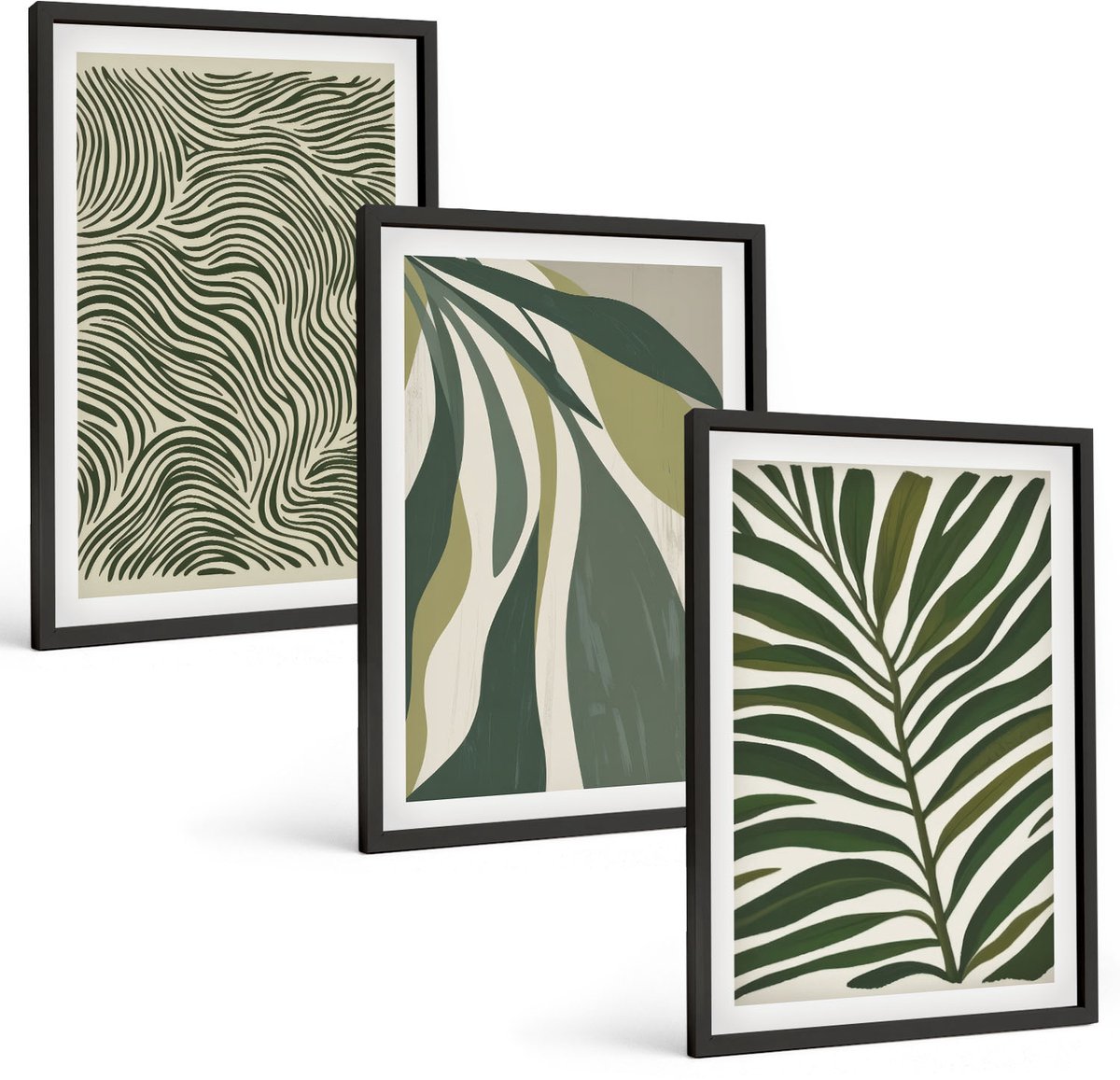 Tulup 4-Delige Schilderij Set - Bladpatronen en golvende lijnen in groene tinten - 40 x 60 cm - Wanddecoratie - Schilderijen Set - Kantoor - Muurdecoratie