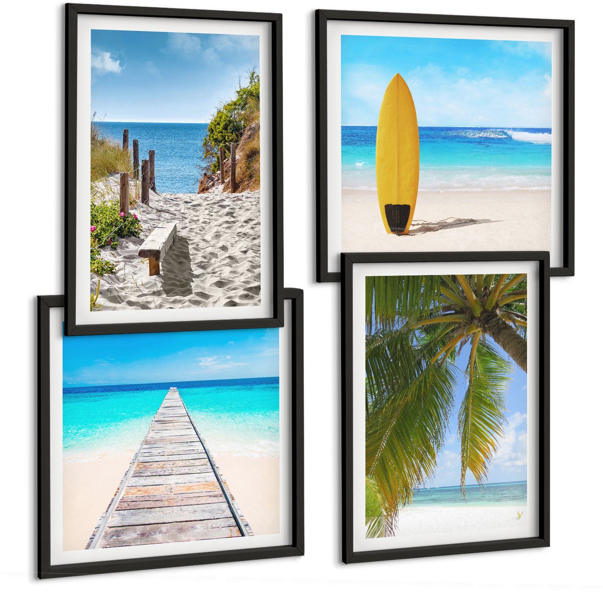 Tulup 4-Delige Schilderij Set - Vakantiegezichten, strandgolven en palmbomen in de tropen - 40 x 40 cm en 40 x 60 cm - Decoratieve Muurdecoratie - Slaapkamer - Stijlvolle Muurdecoratie