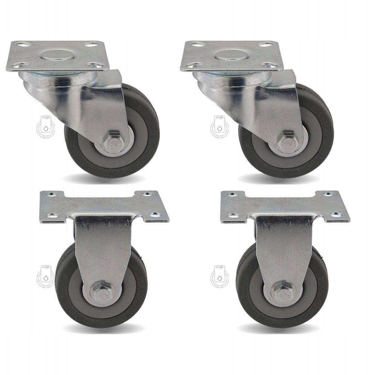 Set van 4 Zwenkwielen met Rubberband - 50mm Diameter