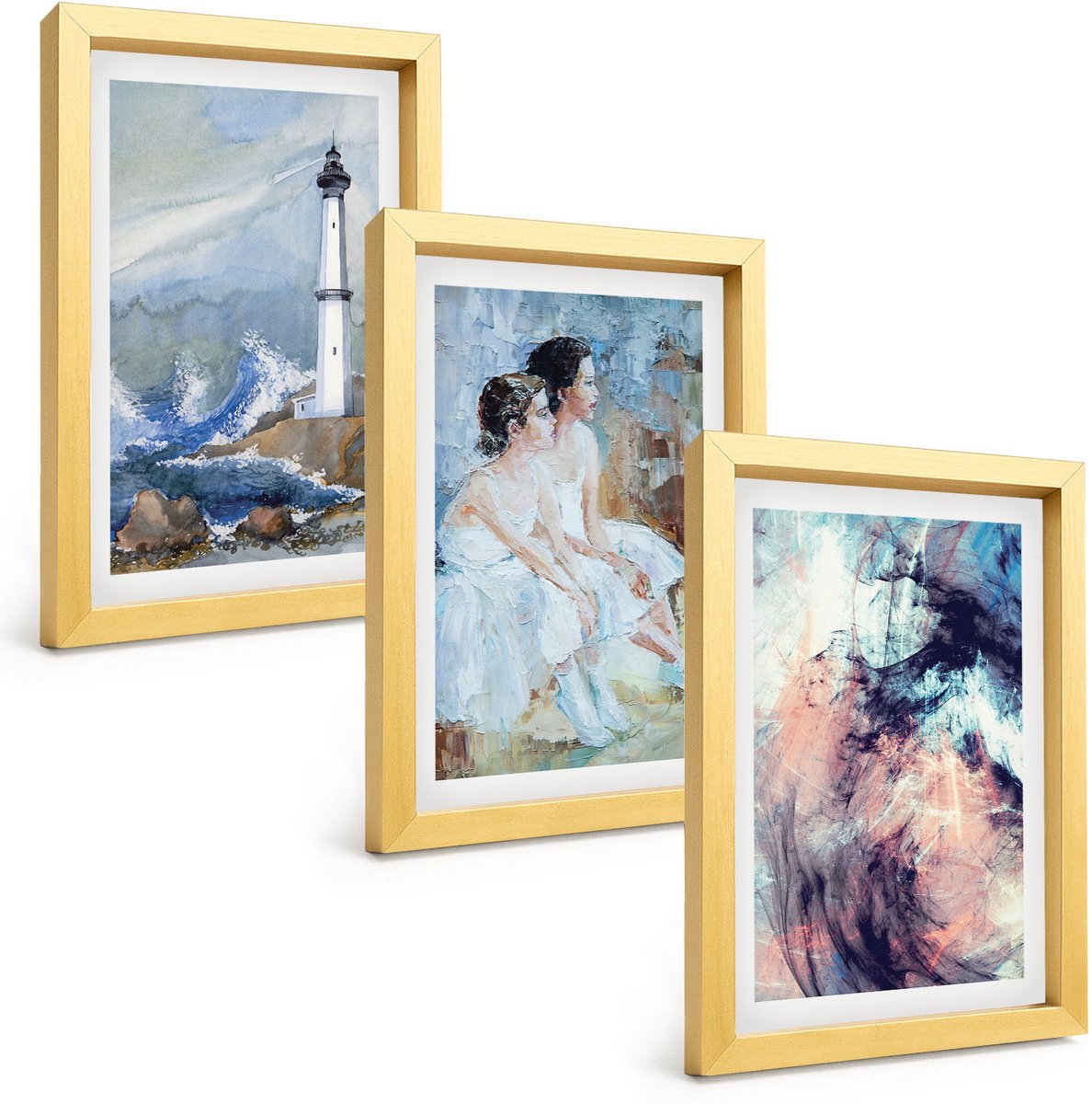 TULUP 4-Delige Schilderij Set - Abstracte geschilderde vuurtoren en dansers - 20 x 30 cm - Muurdecoratie - Schilderijen Set - Woonkamer - Decoratieve Schilderijen Gouden lijst