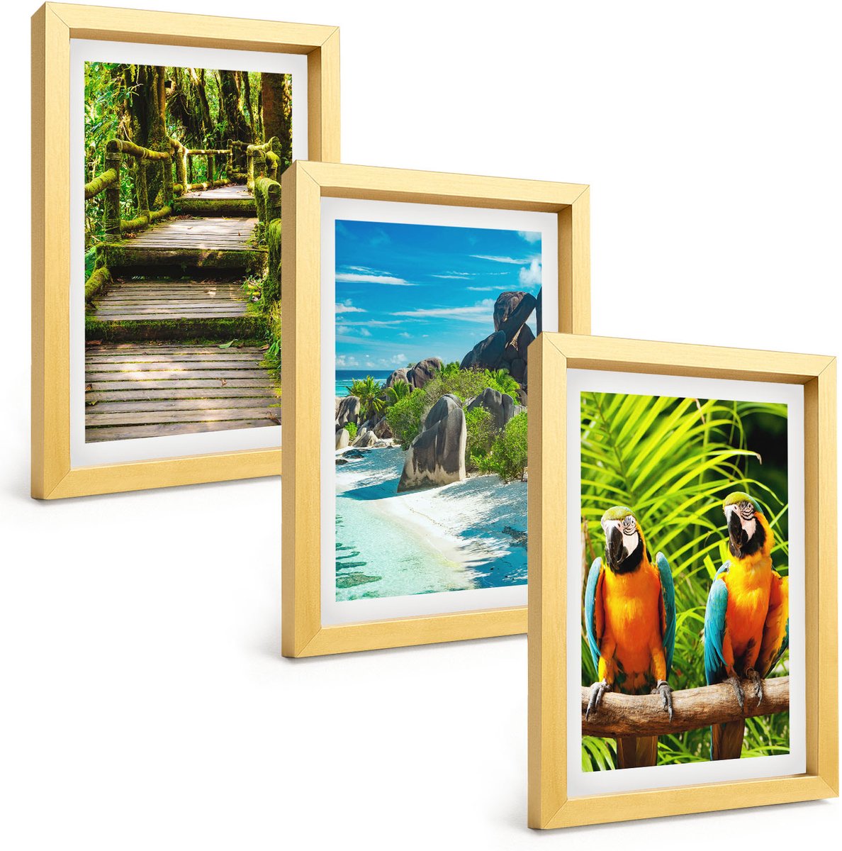 TULUP 4-Delige Schilderij Set - Tropisch bos met waterval en kleurrijke papegaaien - 20 x 30 cm - Wanddecoratie - Woonkamer Decoratie - Moderne Wanddecoratie Gouden lijst