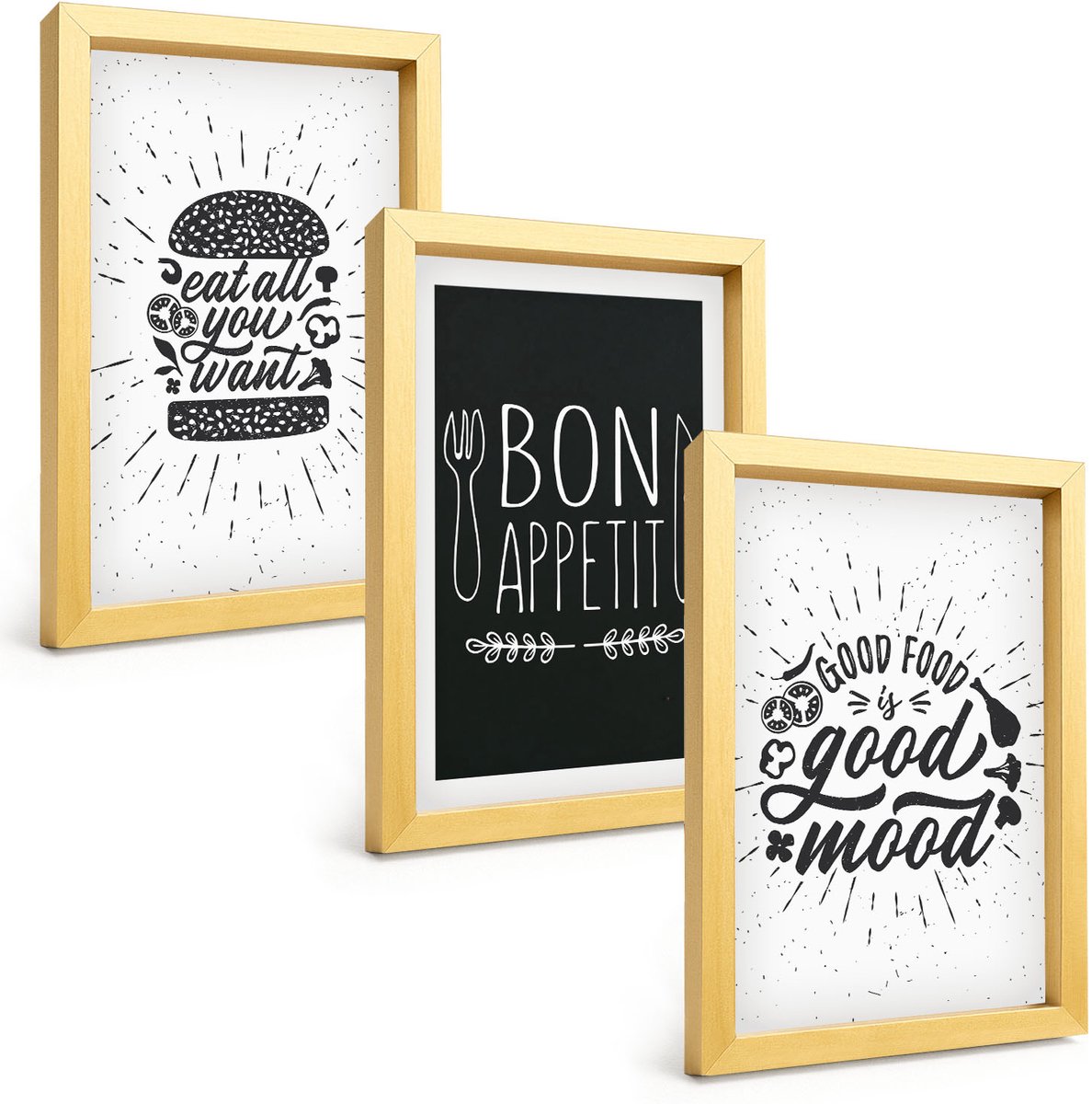 TULUP 4-Delige Schilderij Set - Voedselafbeeldingen en culinaire slogans - 20 x 30 cm - Decoratieve Schilderijen - Wanddecoratie - Hal - Interieur Decoratie Gouden lijst