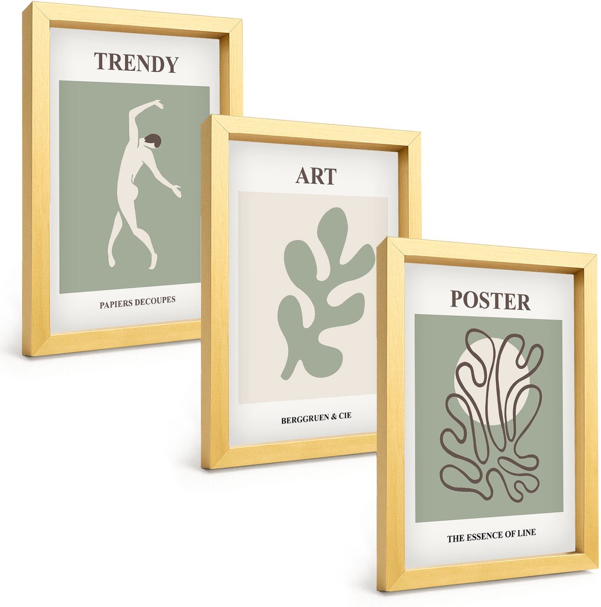 TULUP 4-Delige Schilderij Set - Abstracte figuren en plantmotieven in ingetogen kleuren. - 20 x 30 cm - Wanddecoratie - Schilderijen Set - Interieur - Moderne Wanddecoratie Gouden lijst