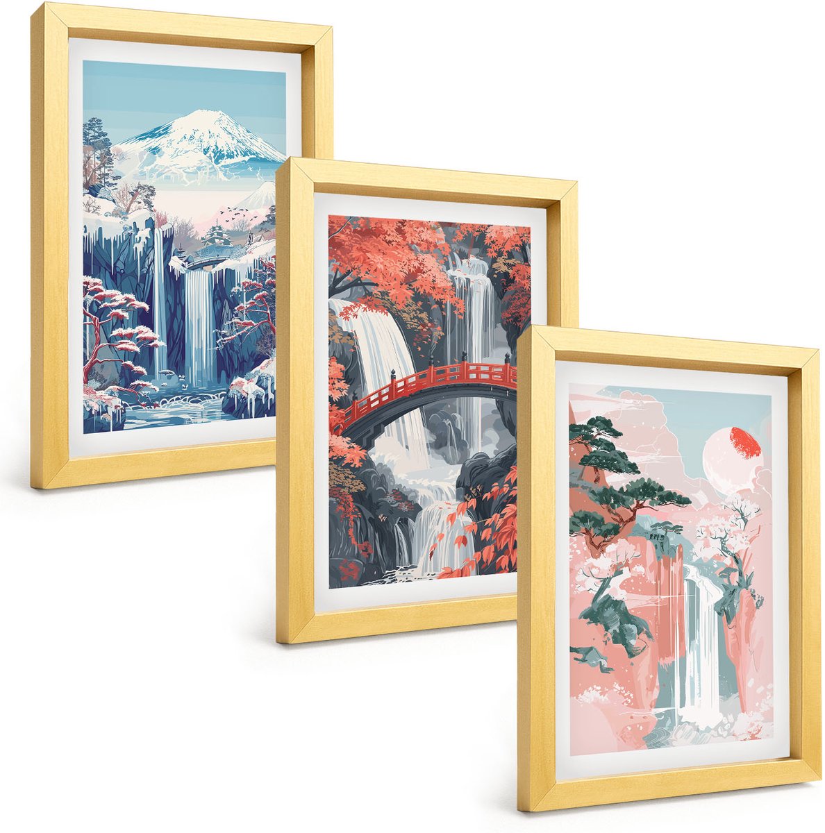 TULUP 4-Delige Schilderij Set - Watervallen, bergen met een brug en bloeiende bomen - 20 x 30 cm - Muurdecoratie - Decoratieve Schilderijen - Wohnzimmer - Moderne Wanddecoratie Gouden lijst