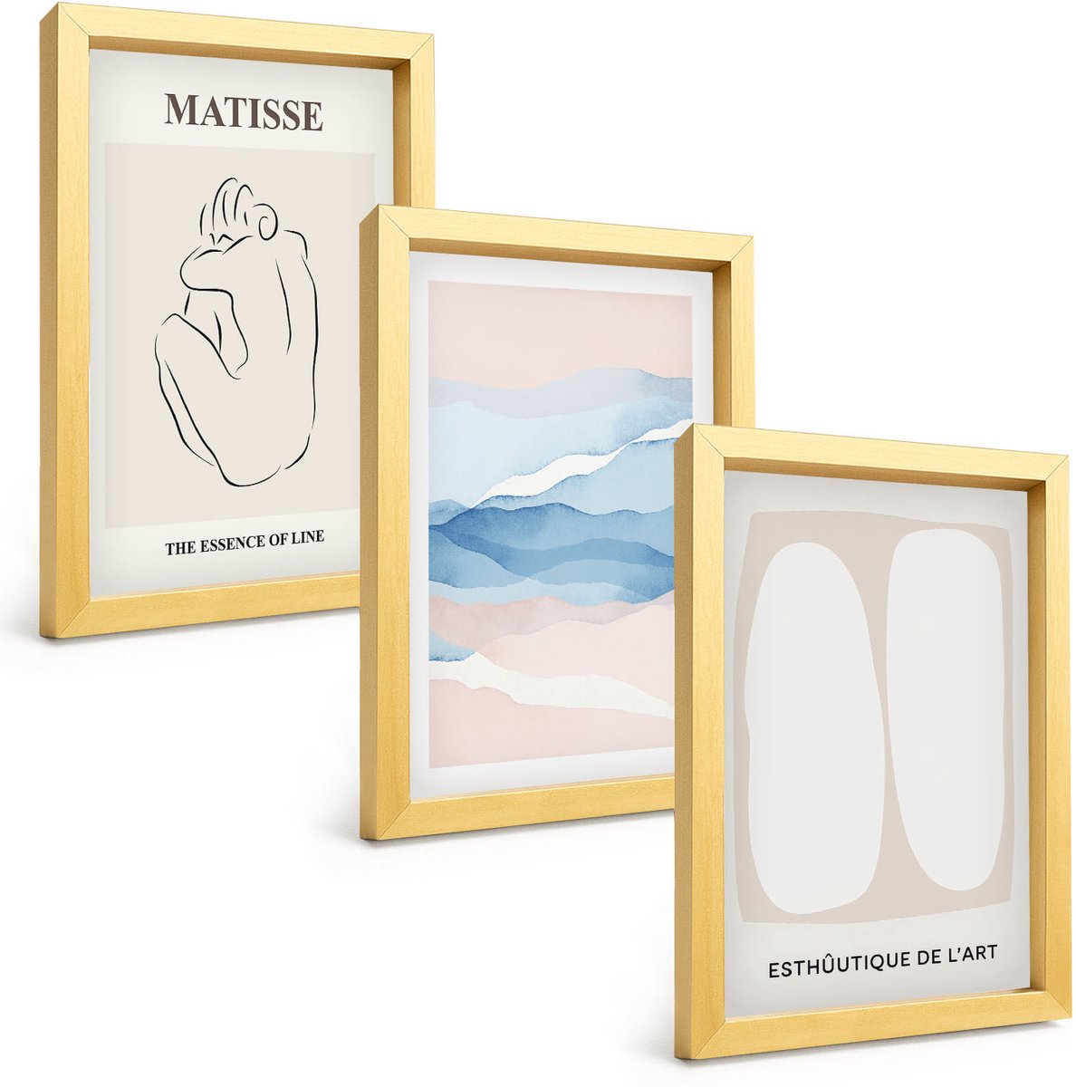 TULUP 4-Delige Schilderij Set - Abstracte vormen en delicate kleuren van Matisse - 20 x 30 cm - Stijlvolle Wanddecoratie - Interieur - Moderne Wanddecoratie Gouden lijst