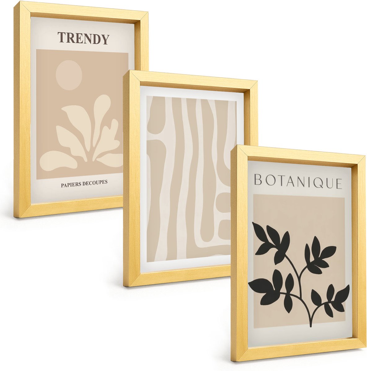 TULUP 4-Delige Schilderij Set - Stijlvolle plantenpatronen in beige en zwarte tinten. - 20 x 30 cm - Moderne Wanddecoratie - Slaapkamer - Woonkamer Decoratie Gouden lijst