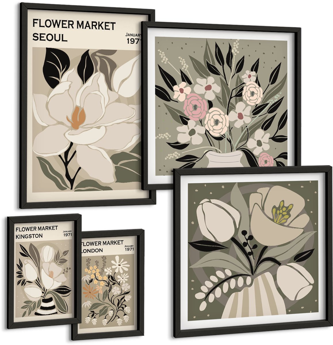 Tulup 4-Delige Schilderij Set - Bloemmotieven van de markten van Londen en Seoul - 50 x 50 cm, 20 x 30 cm en 40 x 60 cm - Wanddecoratie - Schilderijen Set - Kantoor