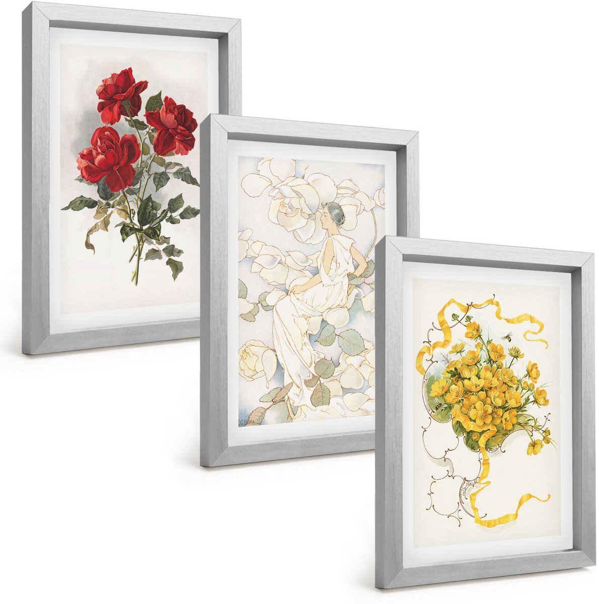 Tulup 4-Delige Schilderij Set - Rode rozen in een witte vaas met gele bloemen. - 20 x 30 cm - Wanddecoratie - Schilderijen Set - Kantoor - Moderne Wanddecoratie