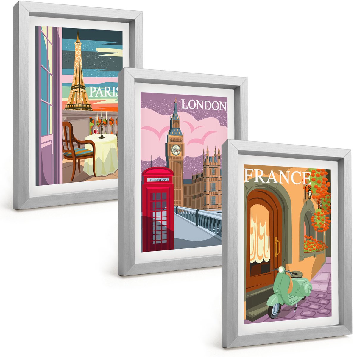Tulup 4-Delige Schilderij Set - Retro stadsgezichten van Parijs, Londen en Frankrijk - 20 x 30 cm - Stijlvolle Wanddecoratie - Interieur