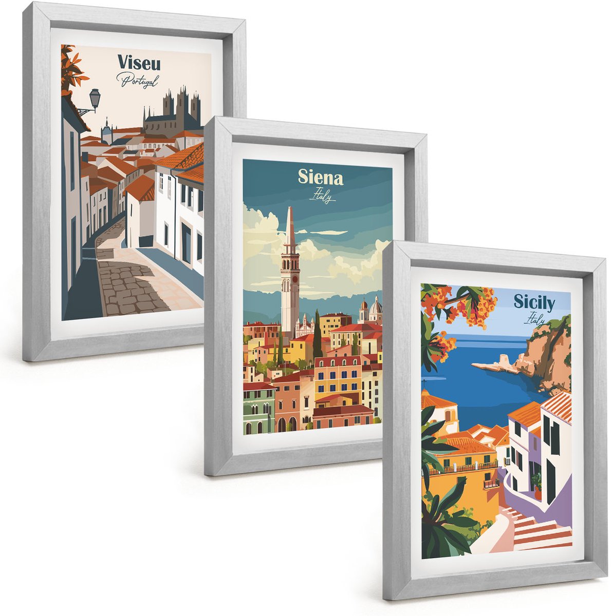 Tulup 4-Delige Schilderij Set - Retro-illustraties van beroemde steden over de hele wereld - 20 x 30 cm - Muurdecoratie - Wanddecoratie - Hal - Woonkamer Decoratie