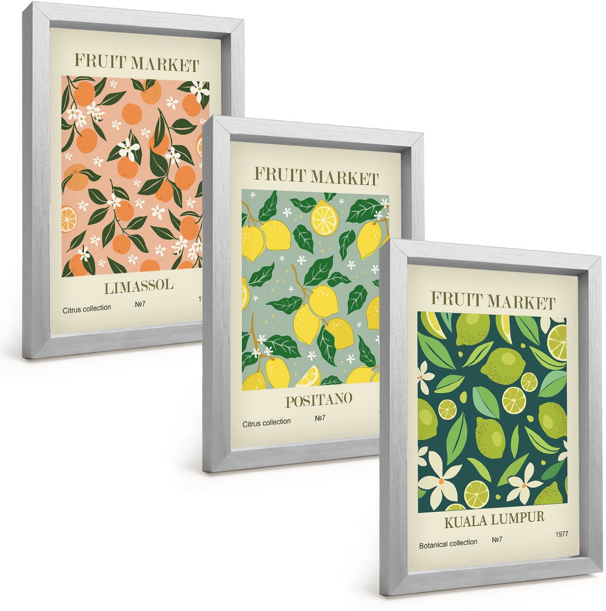 Tulup 4-Delige Schilderij Set - Fruitpatronen met citrusvruchten en vintage bloemen - 20 x 30 cm - Schilderijen Set - Wanddecoratie - Woonkamer - Stijlvolle Muurdecoratie