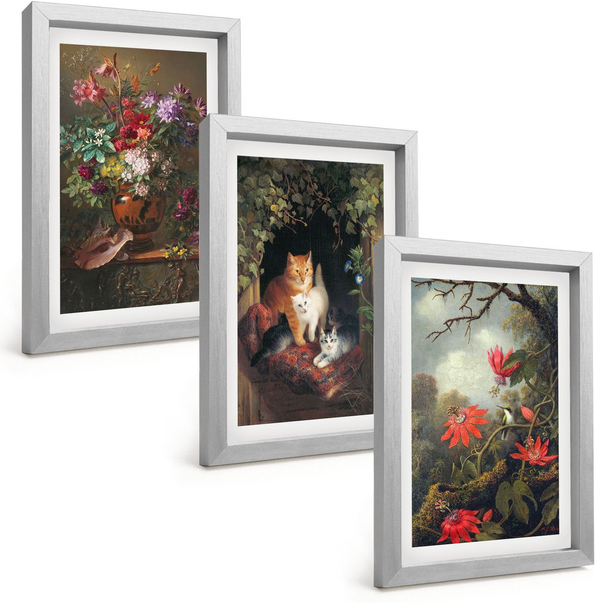 Tulup 4-Delige Schilderij Set - Vintage bloemen, katten en planten in de natuur - 20 x 30 cm - Muurdecoratie - Decoratieve Schilderijen - Wohnzimmer