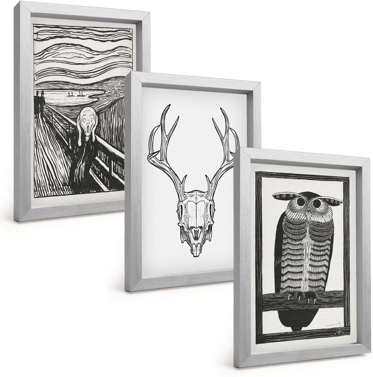Tulup 4-Delige Schilderij Set - Inspiratiebeeld: Schreeuw met schedel en uil in grafische stijl - 20 x 30 cm - Wanddecoratie - Schilderijen Set - Kantoor - Decoratieve Schilderijen