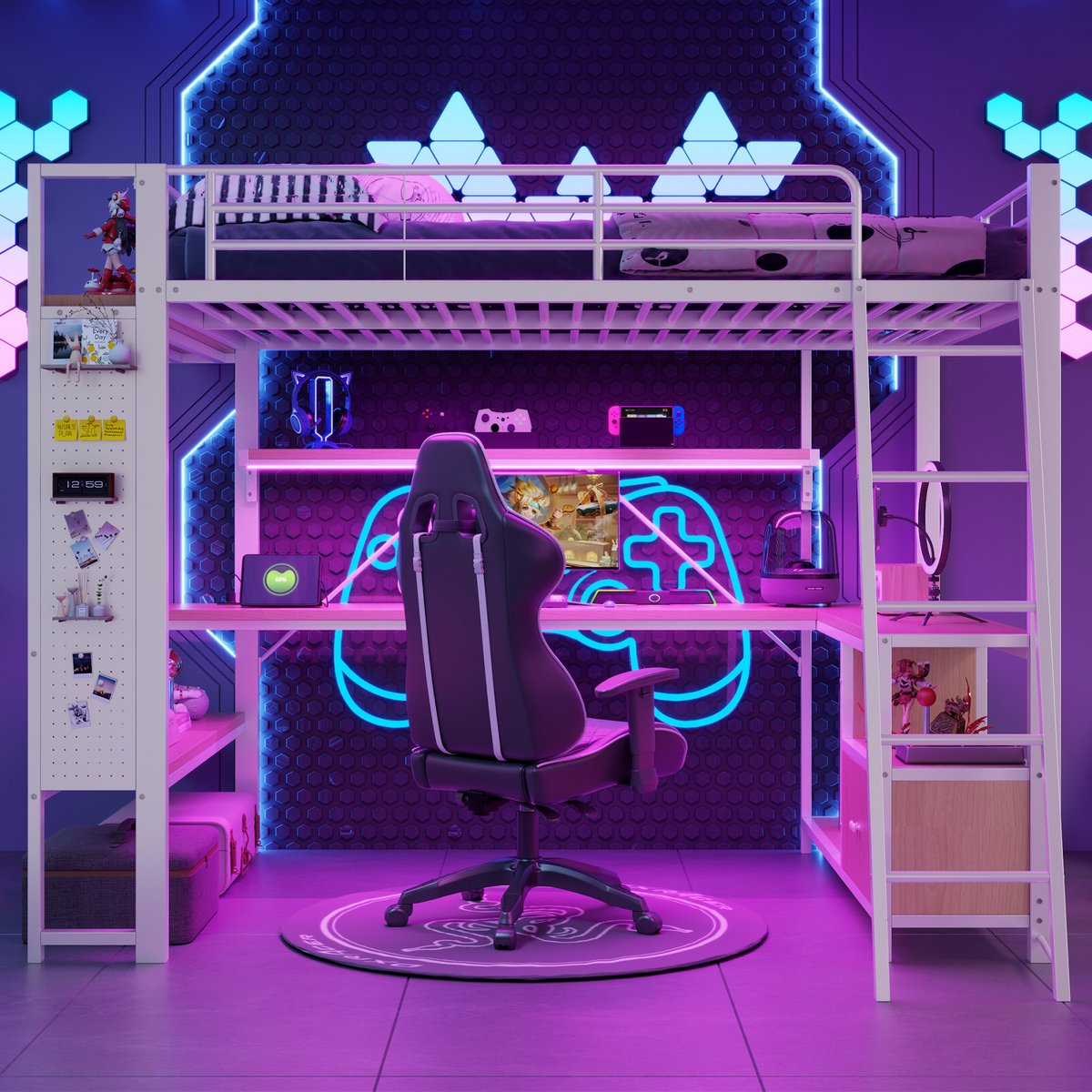 Hoogslaper - 140 x 200 cm - 2-persoons - met bureau - met opbergruimte - met LED-verlichting - met USB en stopcontact - Wit