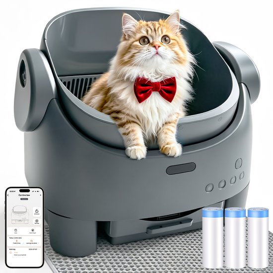Grijze zelfreinigende kattenbak XXL met kat, smartphone met app en drie rolletjes zakjes.