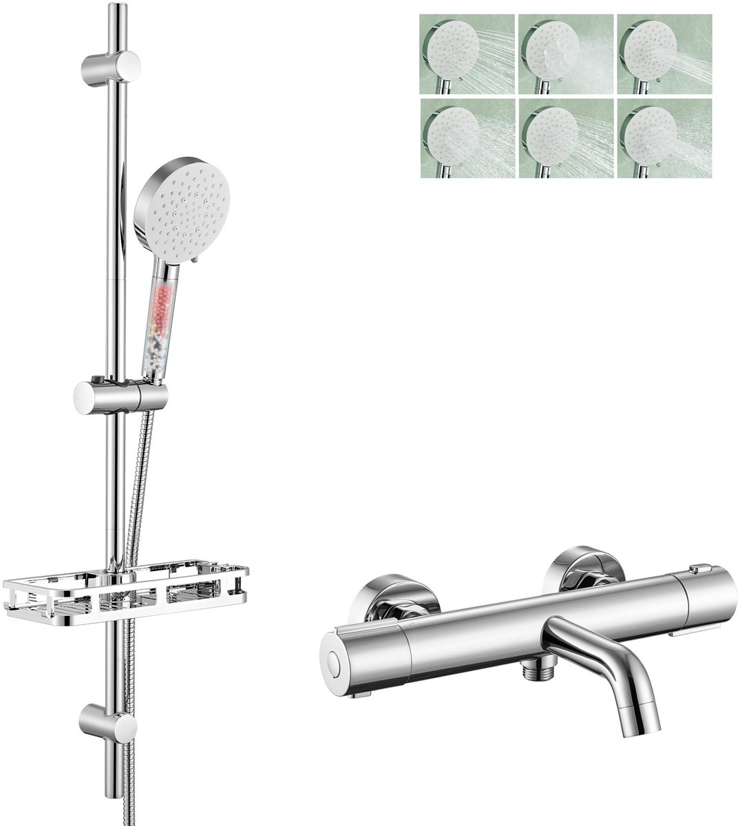 Auralum Max Thermostatische Badkraan - 15 cm - 90 cm Glijstang Doucheset - Met Plankje - Douchekop met 4 Filters - 6 Standen - Hoge Druk - Anti-Kalk - RVS Glijstangset - Met CoolTouch technologie - Waterbesparende - Chroom&Wit