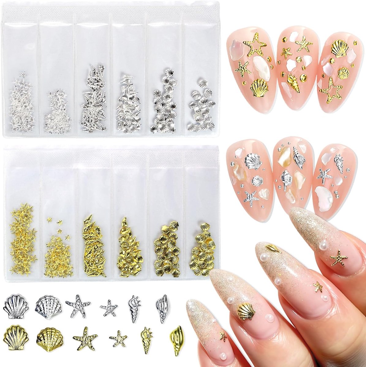600 Pcs 3D Metal Nail Charms Mixed Shapes Gold Shell Starfish Shell Alloy Nail Studs Flat Back Nail Rhinestone Summer - ShopVlot