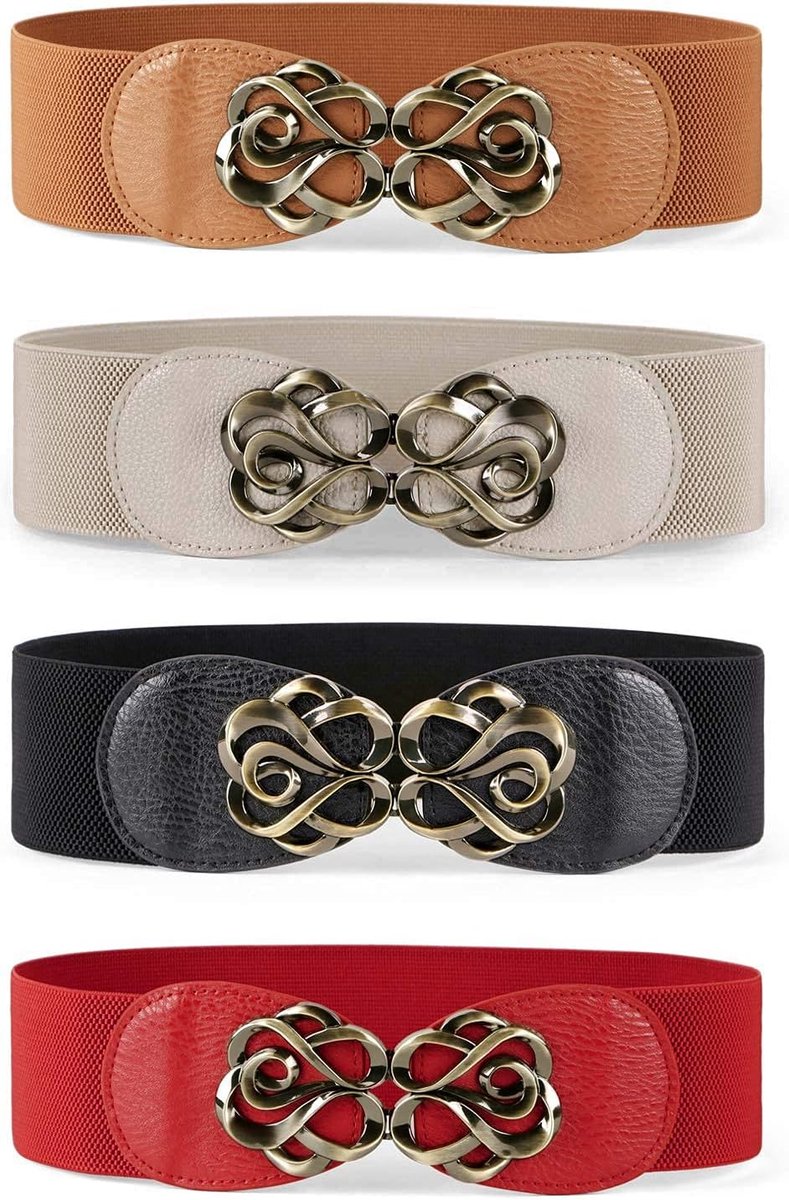 JasGood 4 Pieces Wide Women's Belts, Elastic Fashion Waist Belt for Women, Stretchy Leather Belt for Dress - ShopVlot