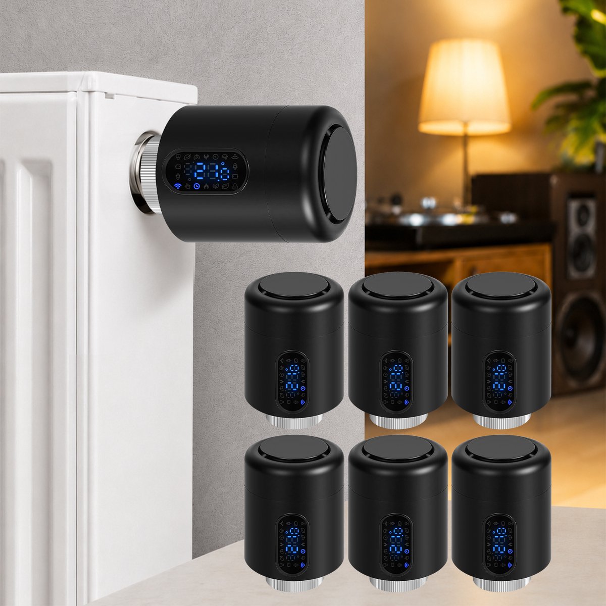 WiFi Radiatorthermostaat met App-bediening en 7 Ventieladapters – Zwart – 6-pack