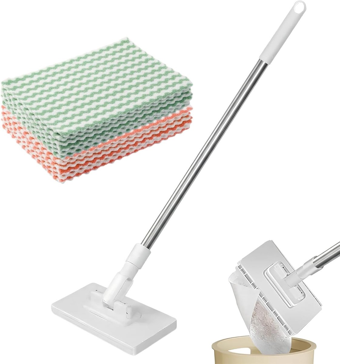 Platte mop - Wit - 16 x 8 cm - Met 10 herbruikbare microvezeldoeken - Voor alle soorten vloeren