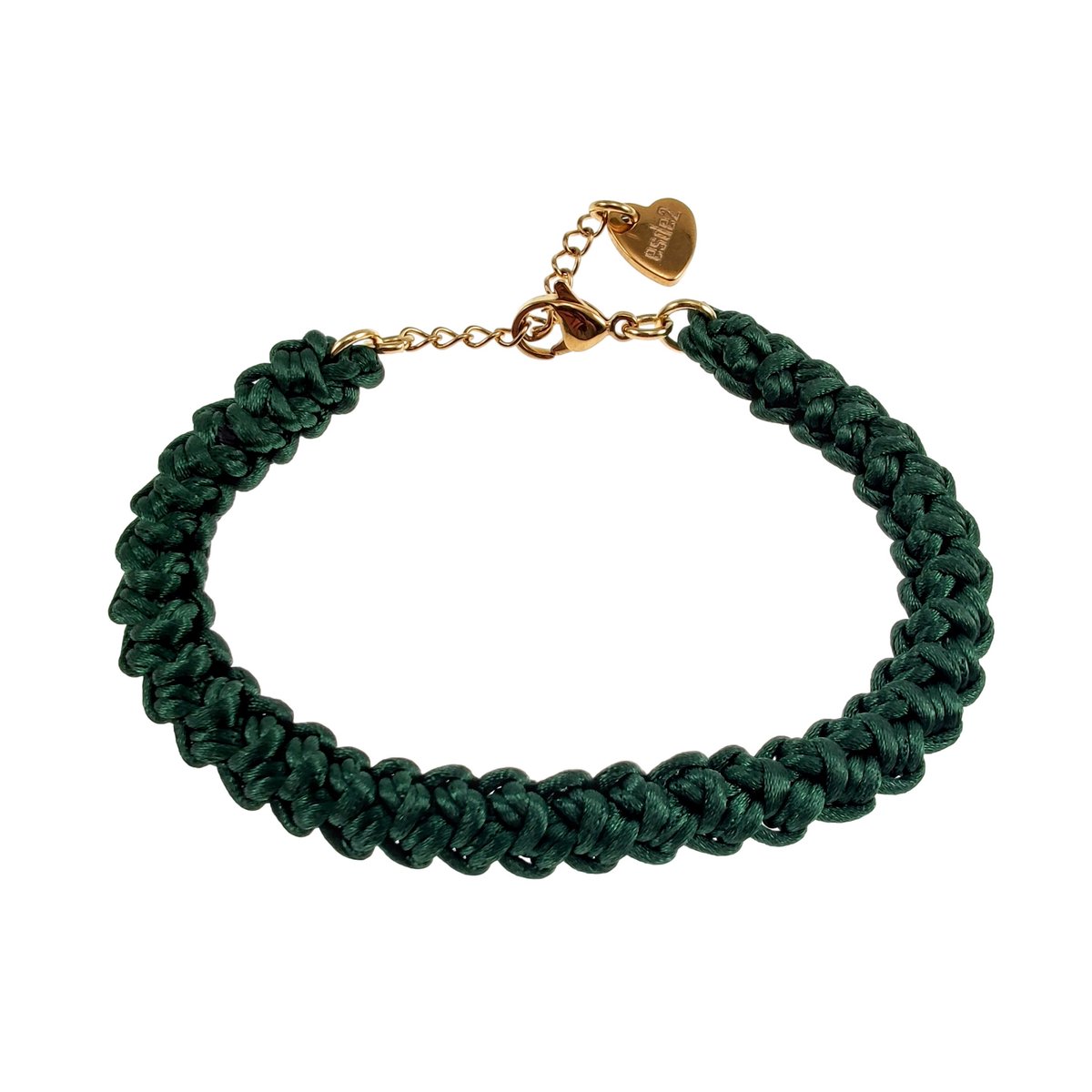 Gehaakte Damesarmband van Groen Satijnachtig Nylonkoord, RVS Verguld, Handgemaakt door esde2 - Verstelbaar 15 tot 18 cm