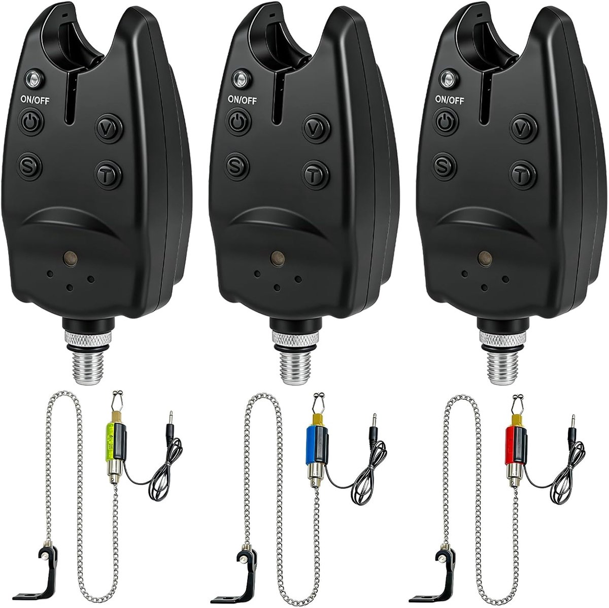 SnelShoppen - 3 Stuks Draadloze Karpervis Alarmset met LED Swinger en Lichtsignalering, Inclusief 3 Kleurige Bungee Koorden voor Nacht- en Meervisseri
