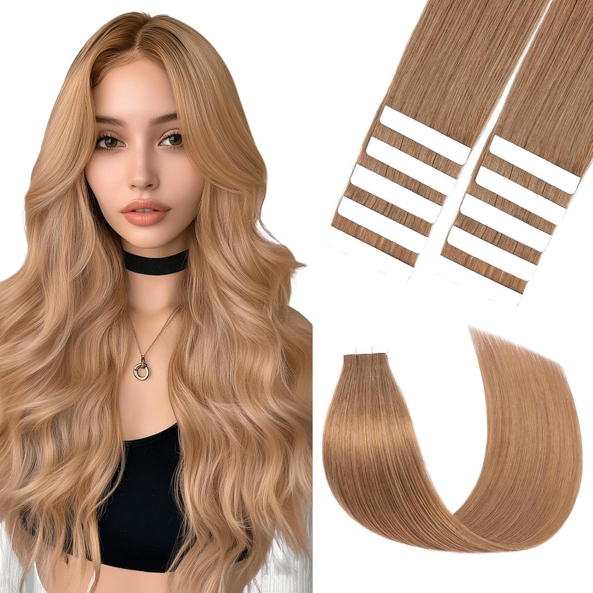 Tape-in haarextensions 10 stuks - Remy echt haar - 25 g, 45 cm, lichtbruin 06# - Voor een voluminous look - ShopVlot