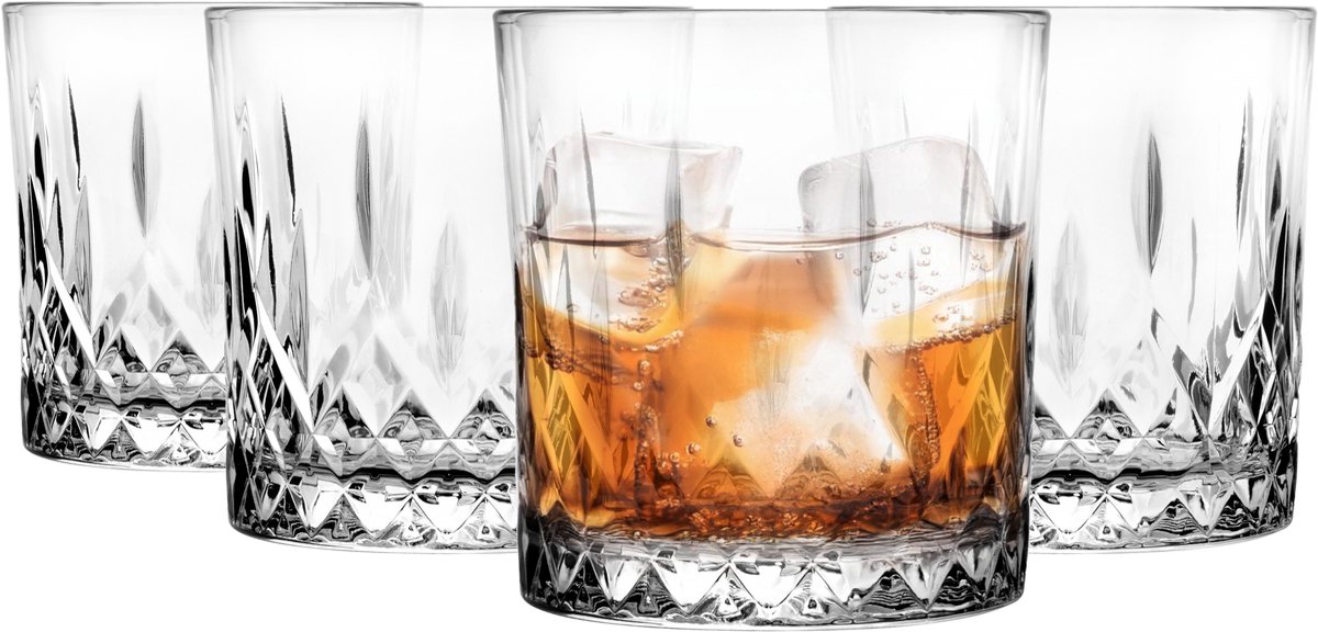 Set van 4 whiskyglazen, 280ml, geslepen design, vaatwasmachinebestendig