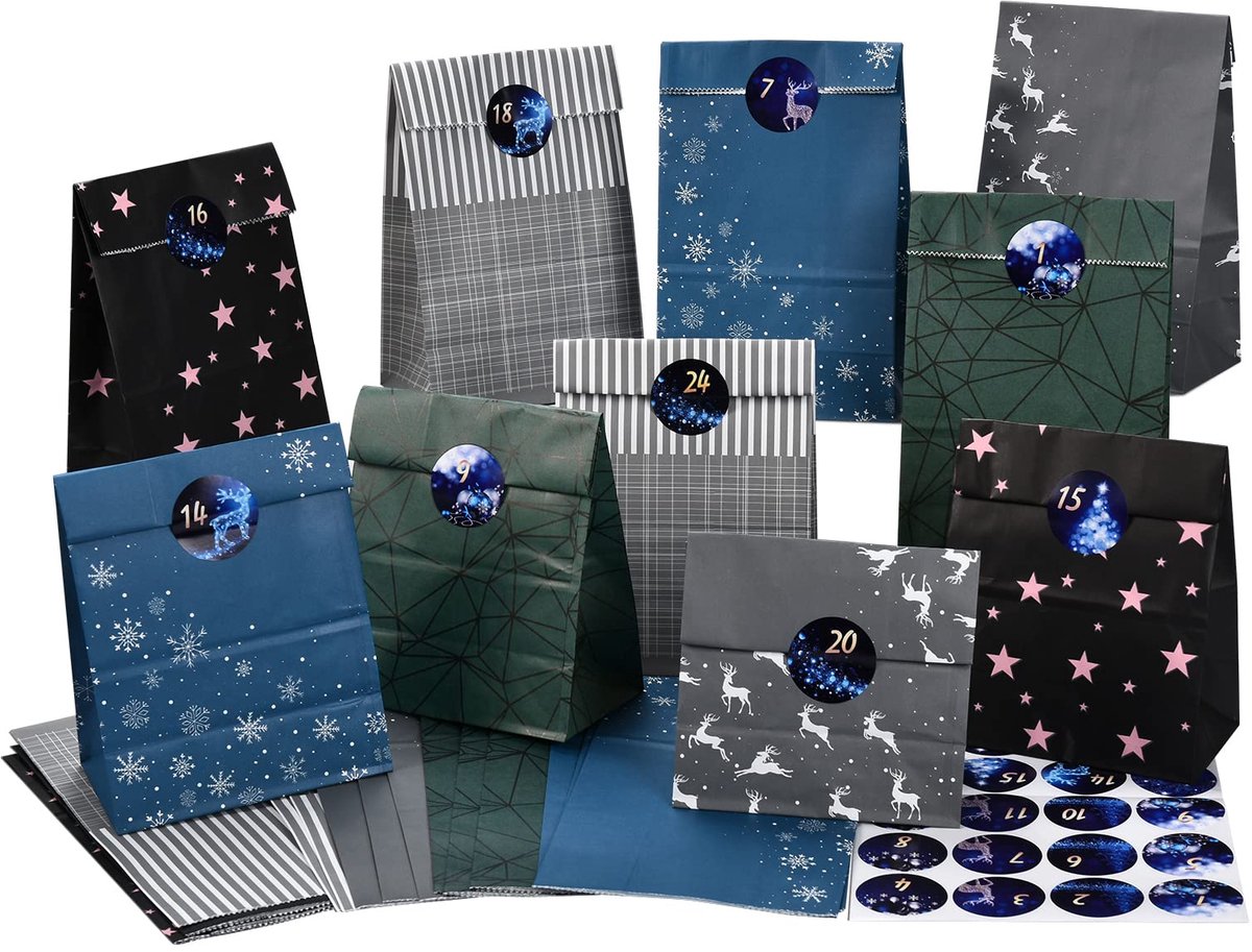 Famanu – Adventskalender om te vullen, 24 kerstkalenders, cadeauzakjes, groot om zelf te vullen, kraftpapieren zakjes, adventszakjes zelf te vullen, met stickers voor kinderen, jongens en mannen