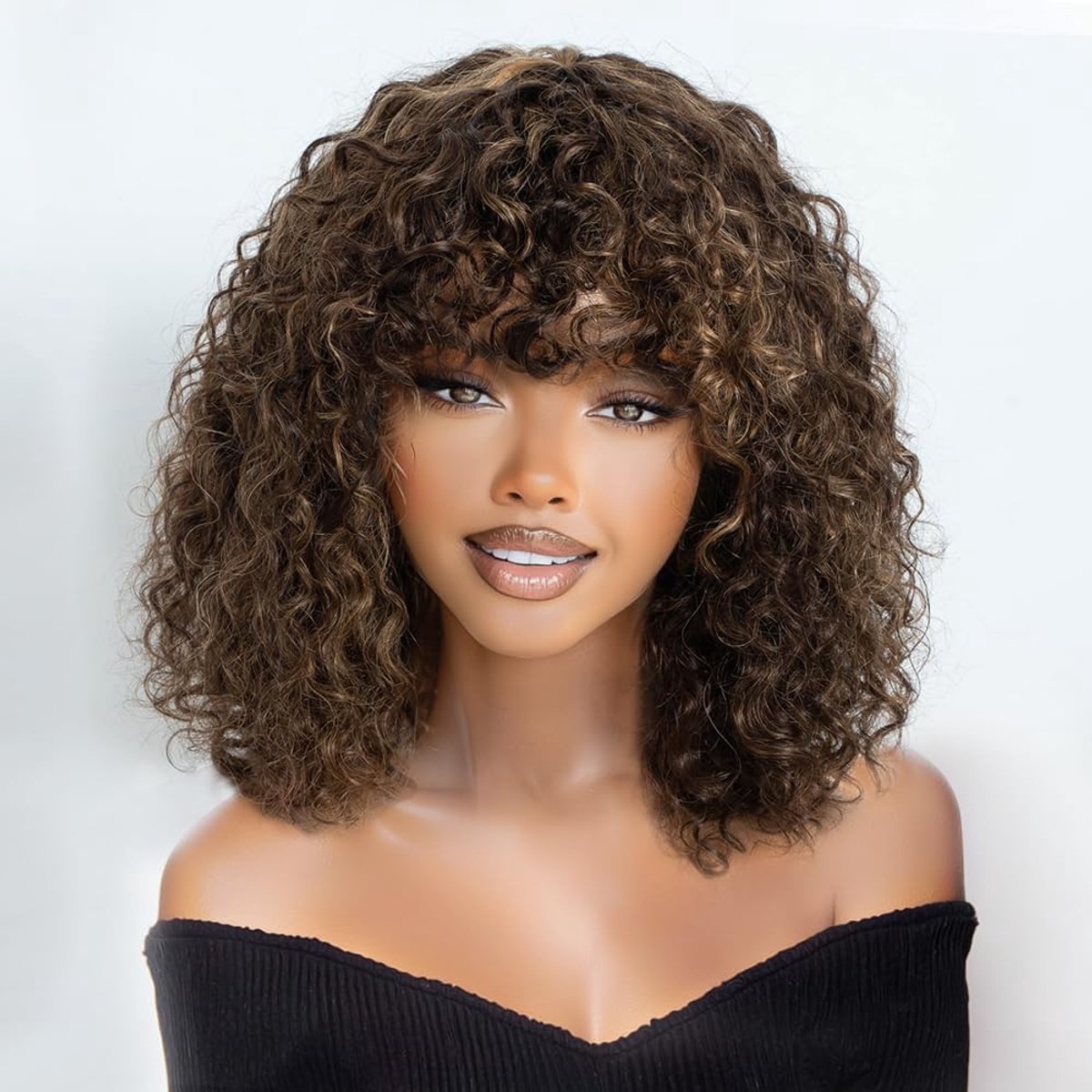Afro Curly Bob Perucque 30cm - 100% Menselijk Haar - Glueless met Bangs - Trendy en Volumineus - ShopVlot
