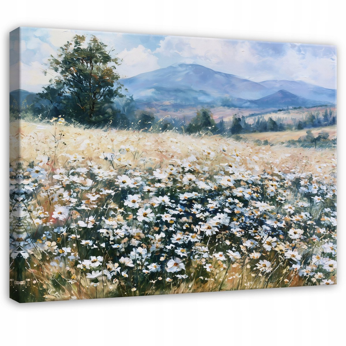 WALLARENA Schilderij op canvas - 90x60 cm - weide met wilde bloemen en bergen - wanddecoratie voor woonkamer en slaapkamer Beige
