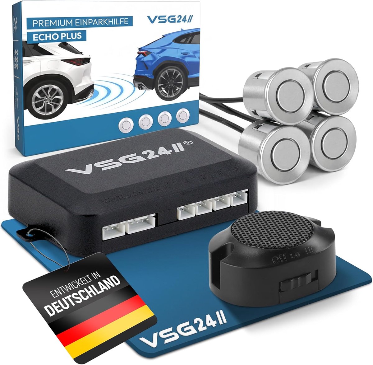 VSG 24 22112 - Premium parking set, acoustic signal, parking system incl. 4 sensors and speakers, e13 approval - ShopVlot