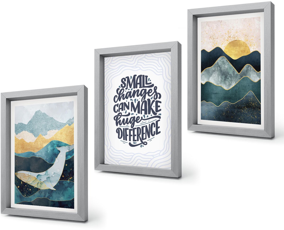 Coloray 4-Delige Schilderij Set - Abstracte berglandschappen met inspirerende belettering - 20 x 30 cm - Muurdecoratie - Interieur Decoratie Zilveren lijst