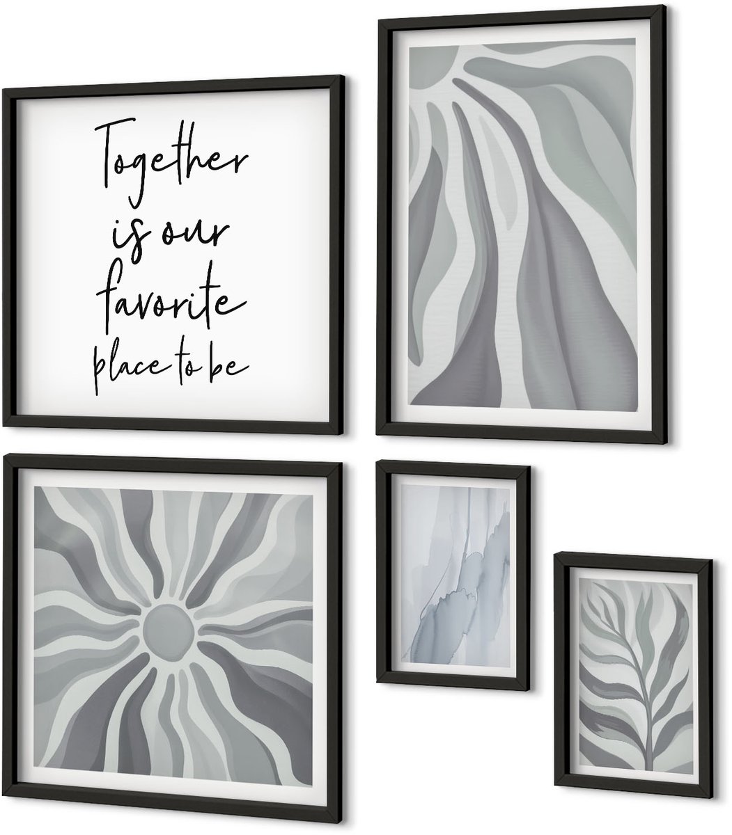 Coloray 5-Delige Schilderij Set - Abstracte Patronen In Grijstinten En Wit - 50 x 50 cm, 20 x 30 cm En 40 x 60 cm - Moderne Wanddecoratie - Slaapkamer - Stijlvolle Muurdecoratie
