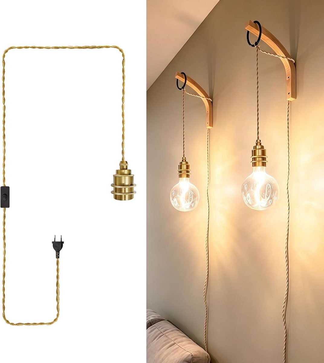 2pcs Pendant Light with Plug and Switch, Gold Metal Ceramic Lamp Socket E27 with Cable 3.5m Vintage Rope Pendant Light - ShopVlot