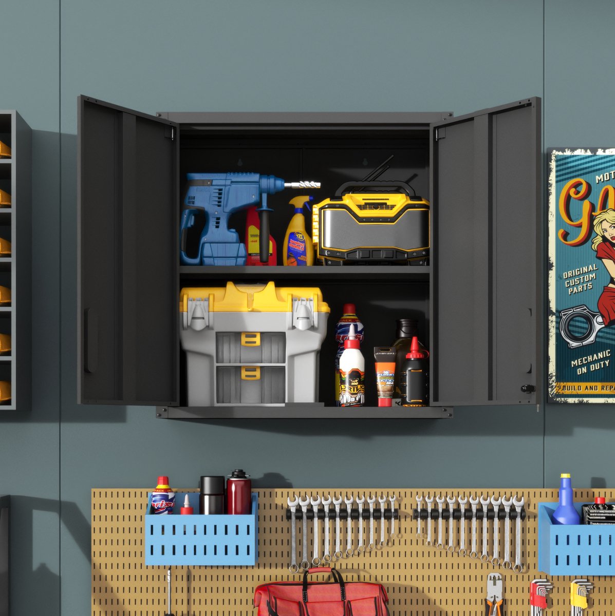 REDOM - Metalen wandkast - Dubbele afsluitbare deuren - Verstelbare plank - Industriële stijl - Garage, werkplaats en kantoor - Metaal - Zwart - 77 x 75 x 30 cm