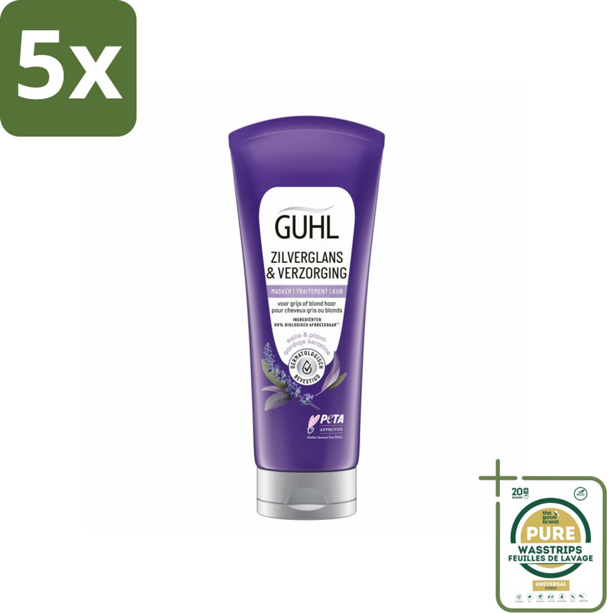 5 x Guhl - Haarmasker - Zilverglans & Verzorging Anti-Geel - 200 ml - Grootverpakking - Anti-geel Haarmasker - Haarmasker Anti-geel - Haarmasker Voor Blond Haar - Haarmasker Voor Grijs Haar - Haarmasker Voor Geblondeerd Haar