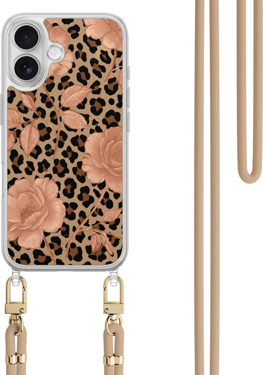 Hoesje met koord - Geschikt voor iPhone 17 - Leo flowers - Verstelbaar zwart koord - Beige, Goud - Print / Illustratie - Leuke Telefoonhoesjes