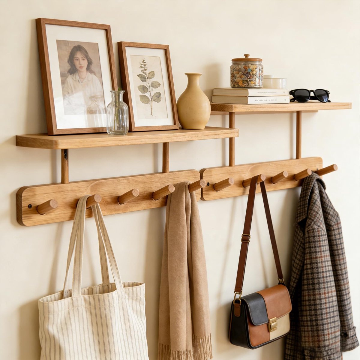 Kapstokhaken wandmontage - 5 houten haken - zonder boren of met boren - ideaal voor kleding en accessoires - ShopVlot