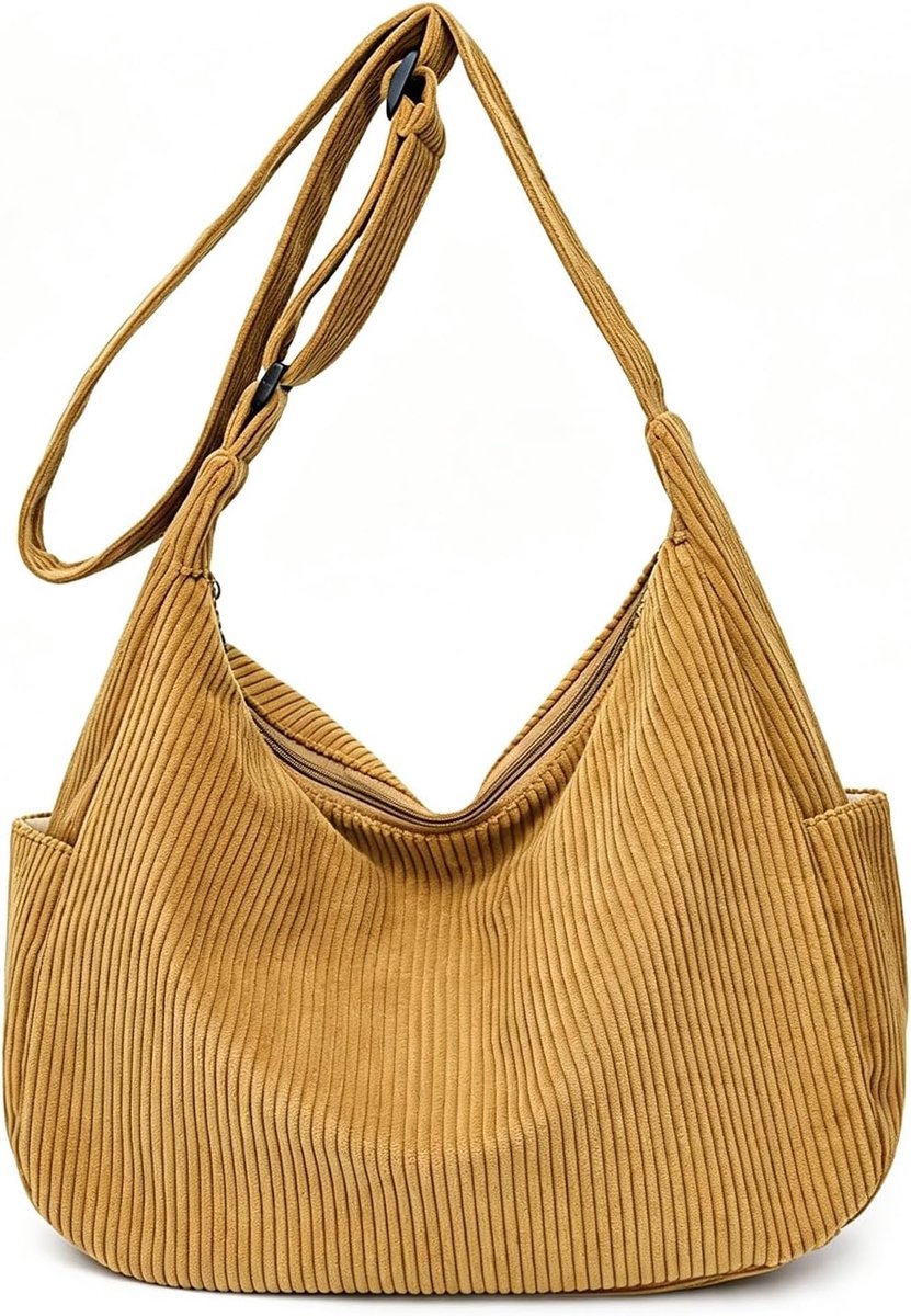 Crossbody bag ladies with zip, brown corduroy shoulder bag - ShopVlot