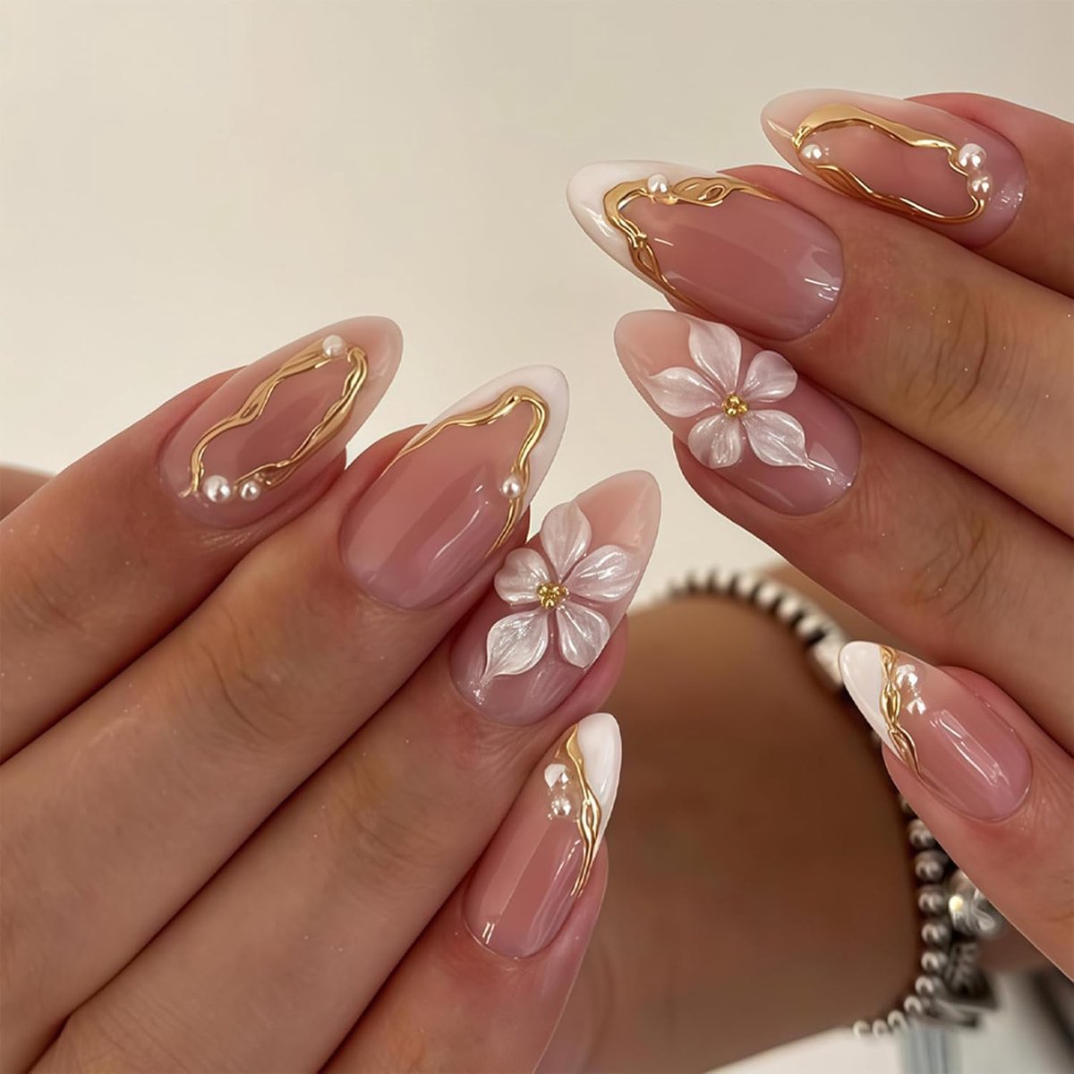 Decorating nails, handmade in almond shape & artificial nails, 3D flower and pearl design, nude white French tip - ShopVlot