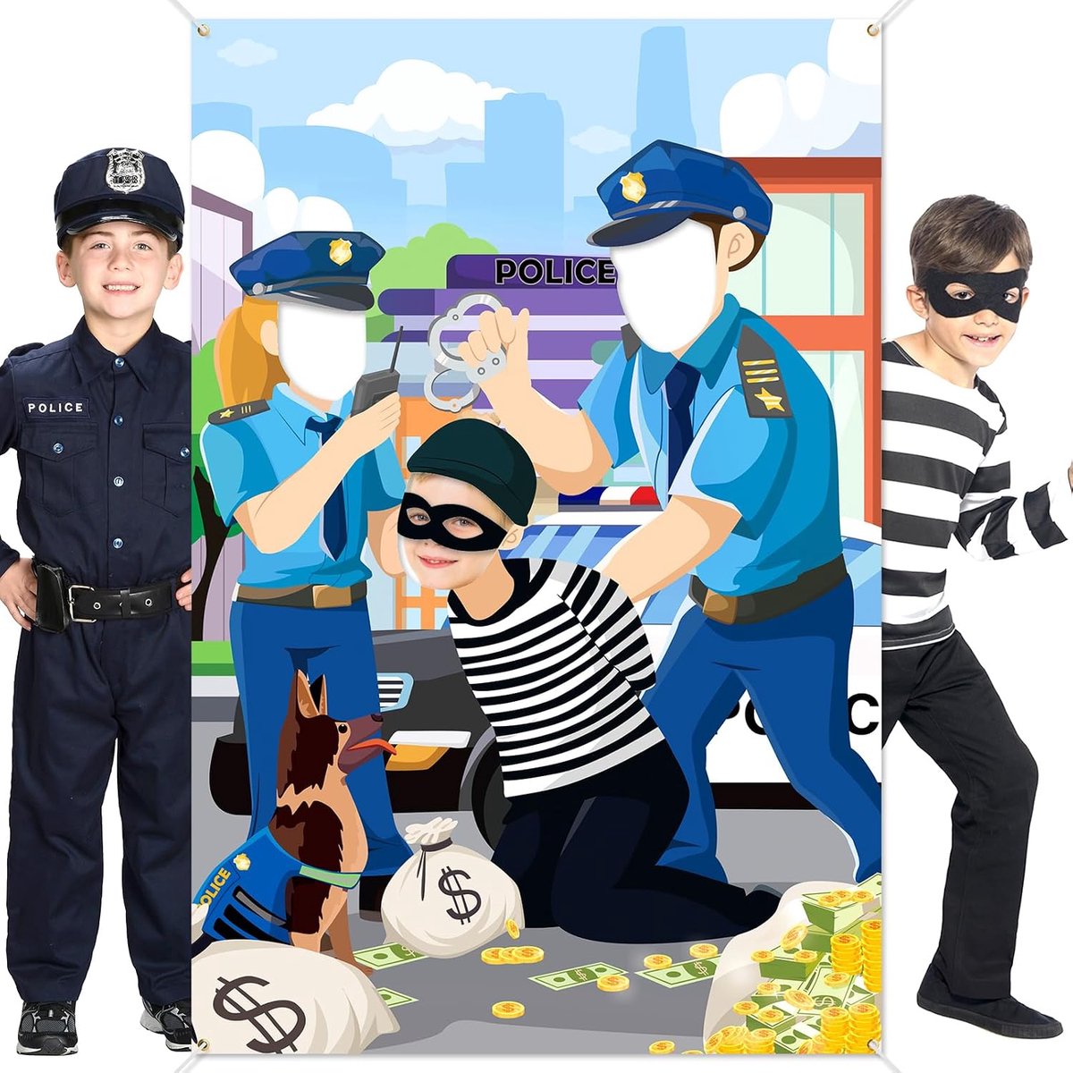 DPKOW Police Face Photo Banner, Funny Face in Hole Game Background Banner Police Thief Photo Booth Props, 100 x 150cm - ShopVlot
