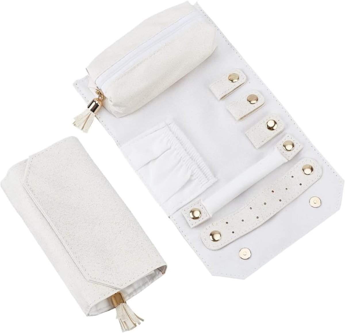 Small Travel Jewellery Case PU Leather Tangle-Free Storage Bag for Earrings Necklace White Multifunction Portable - ShopVlot