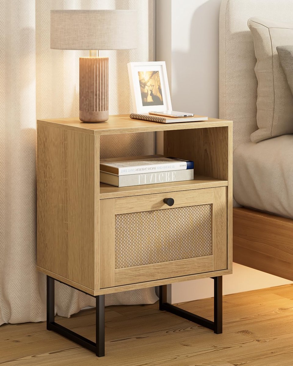 Famanu – Boho nachtkastje van rotan met lade en eiken rek voor slaapkamer, woonkamer en kantoor, in eiken rotan