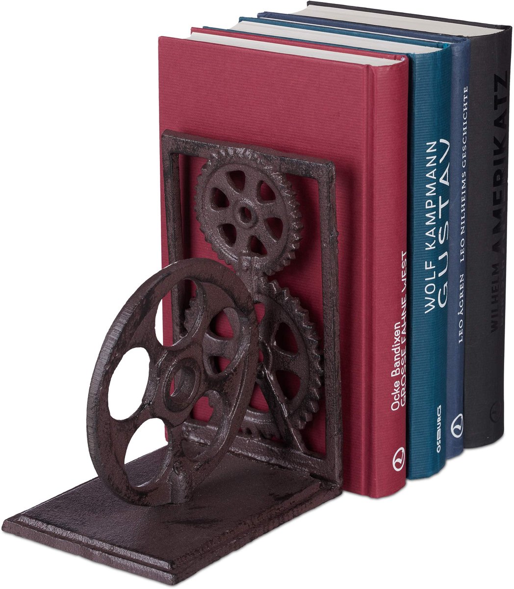 Famanu – Retro boekensteun van gietijzer, decoratieve boeksteun in tandwiel- en filmrolontwerp, 16 x 13 x 10 cm, bruin
