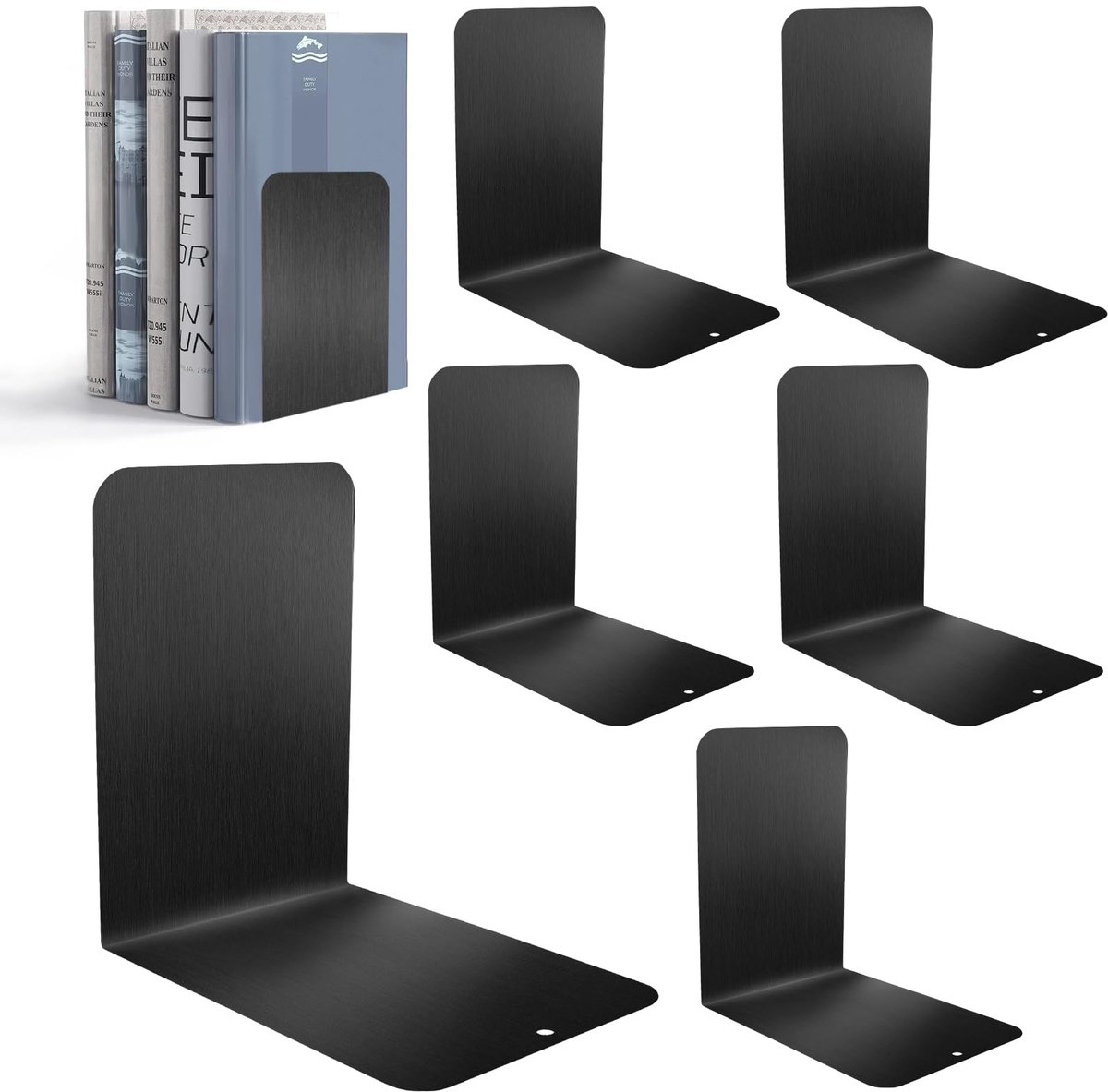 Famanu – 6 stuks boekensteunen van metaal, 15 x 15 x 10 cm, met antislipmat, boekensteun en leesstandaard, zwart